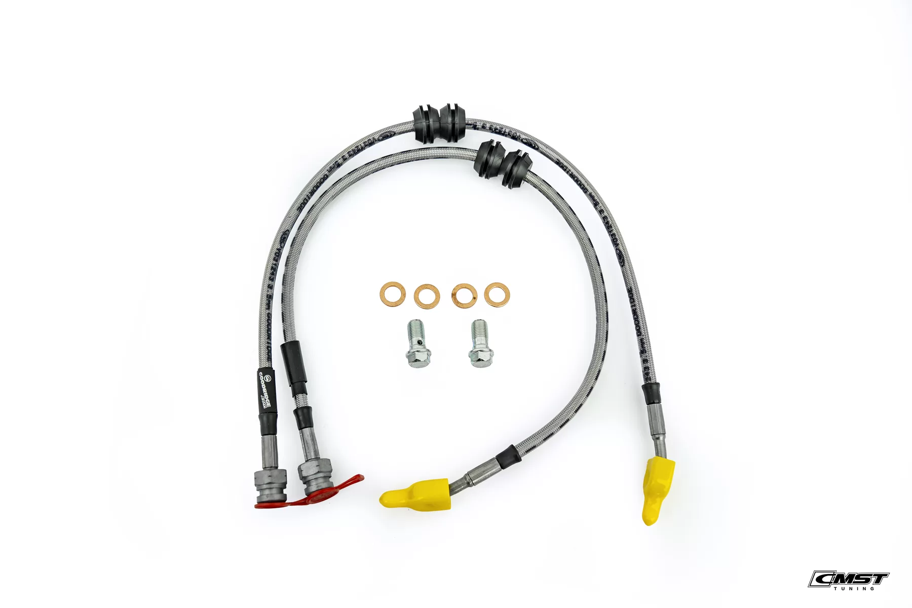 Braided brake lines with fittings and copper washers from a CMST brake kit